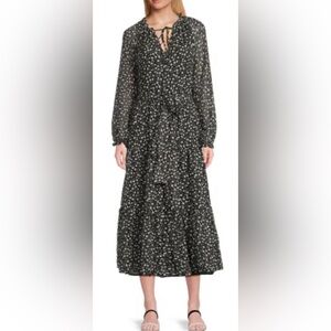 Saks Fifth Avenue Black Floral Belted Midaxi Dress